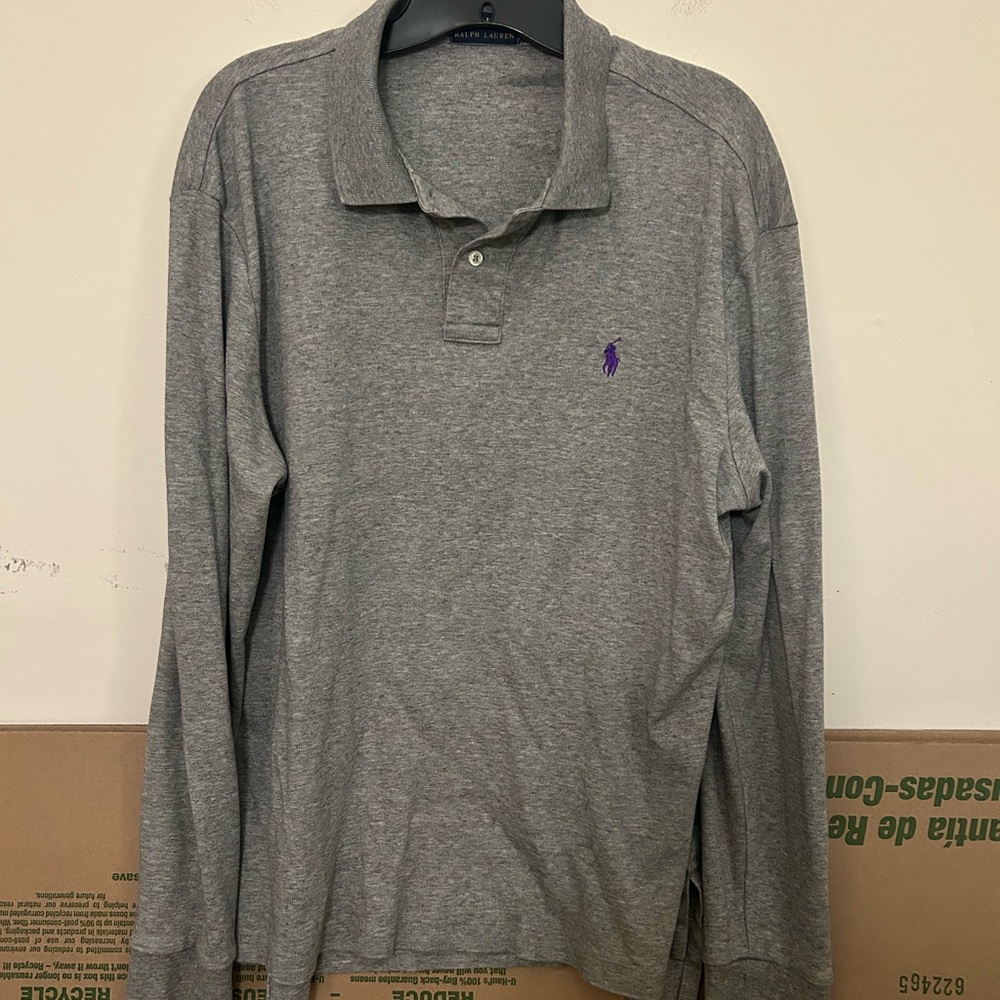 Ralph Lauren Long Sleeve Polo Shirt Mens Gray Polo with Purple Logo